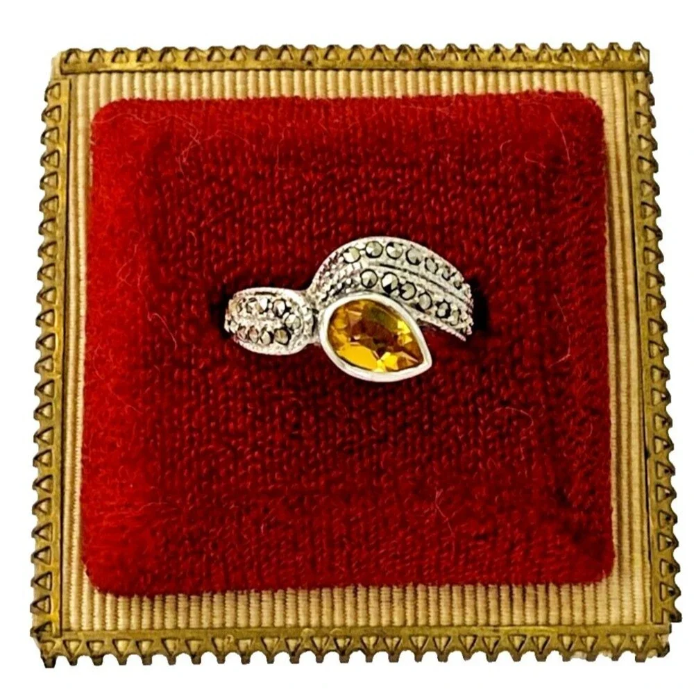 Vintage Marcasite Citrine Sterling Silver Ring Swirl Wave Pear Size 5.25